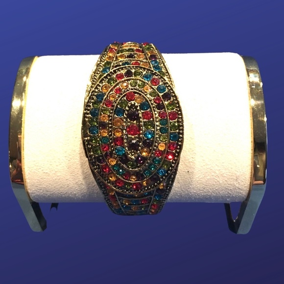 Jewelry - UNBRANDED Hinged BANGLE/CUFF Bracelet, Multicolor Gemstones, Gold-tone, NWOT